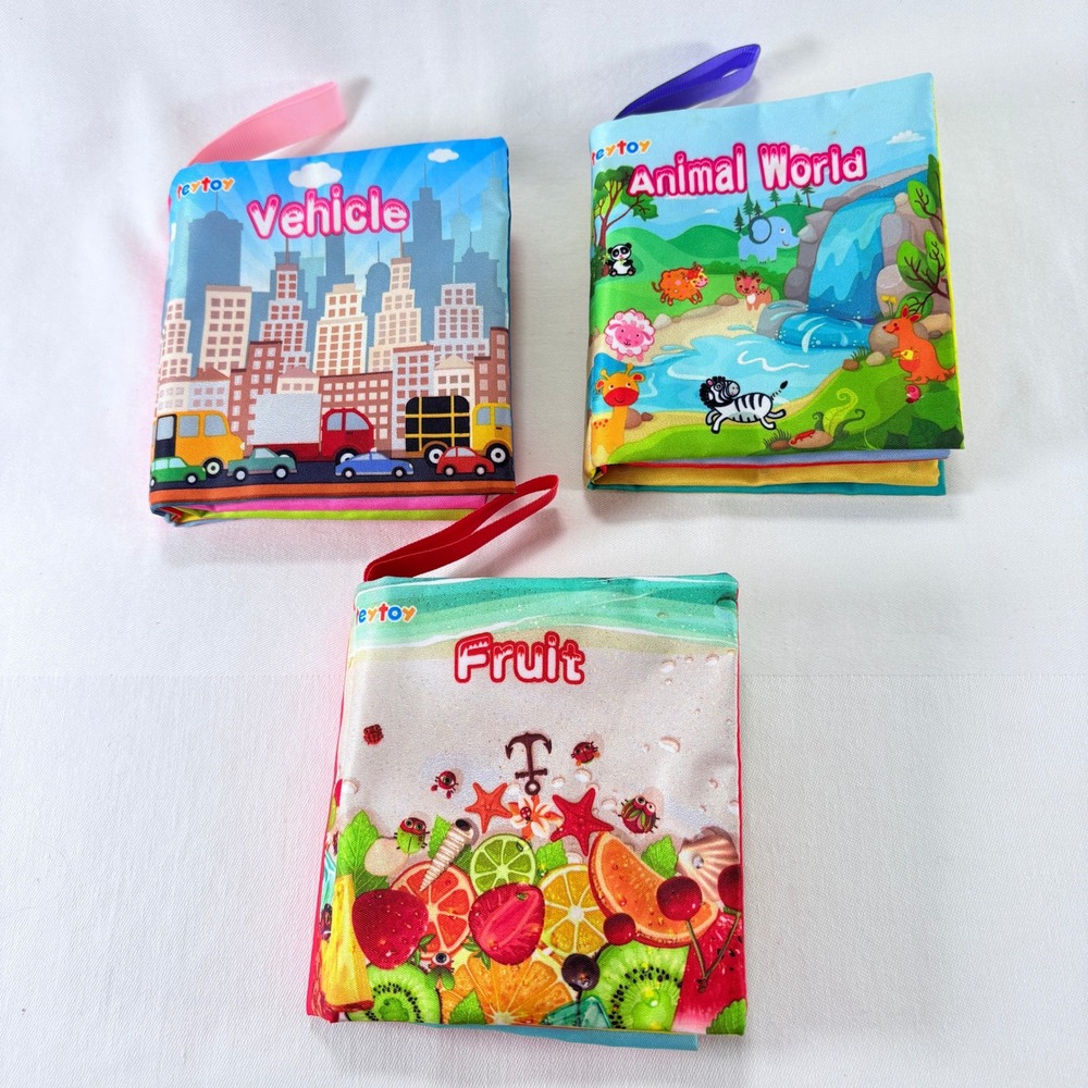 Teytoy Soft Cloth Baby Books Set of 3 Multicolor Animal Fruit Vehicle Sensory